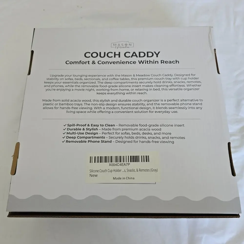 Mason & Meadow Couch Caddy Silicone Lined Acacia Wood NIB
